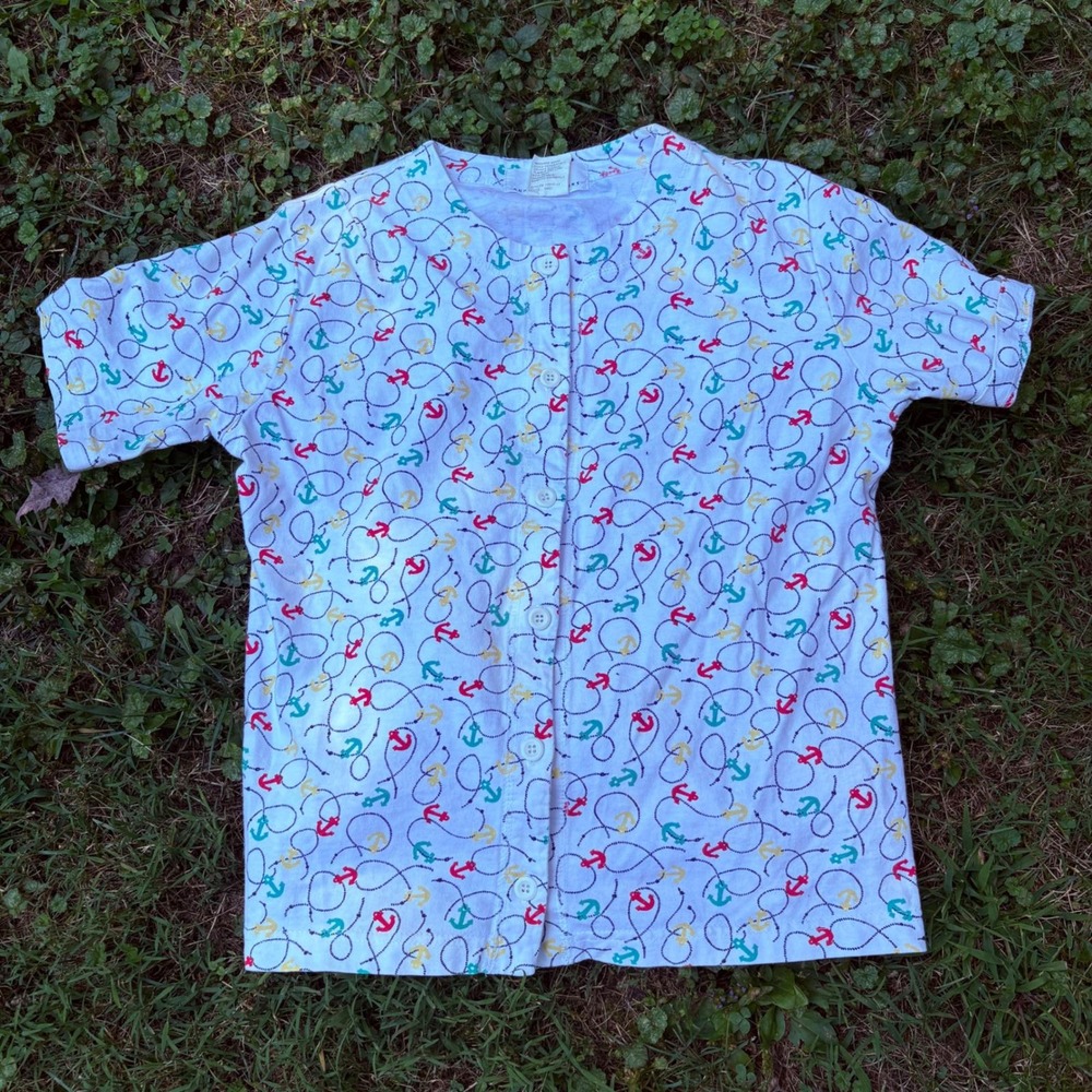 Vtg Coastal Nautical Anchor Print Button Up Top Womens Petite Small Cottagecore